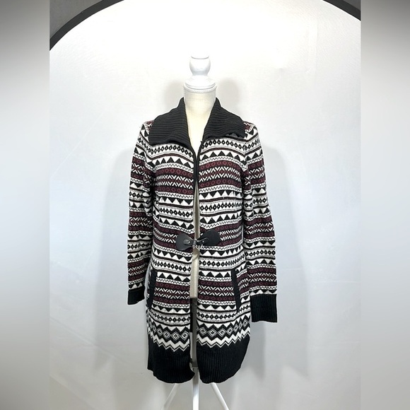 Cambridge Dry Goods Lambswool Duster Sweater Size M Black Red Fair Isle Boho - Picture 1 of 11